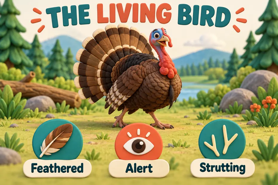 A living turkey can be described as feathered, alert, or strutting.