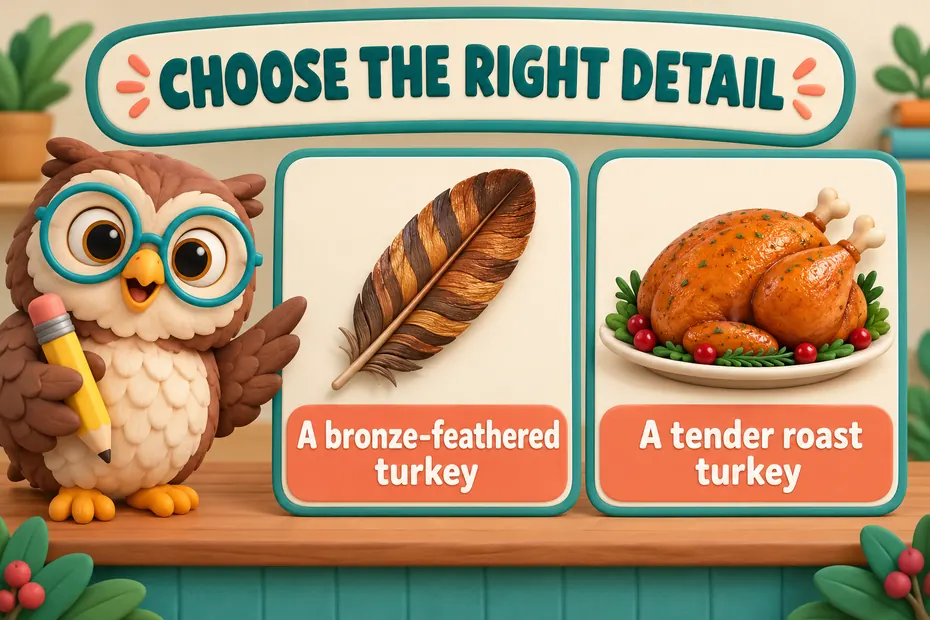 Choose the right detail: a bronze-feathered turkey or a tender roast turkey.