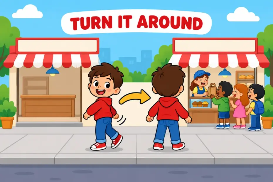 A cartoon child turns to face the other way while a struggling shop behind flips to a busy one, showing turn around in a sentence.