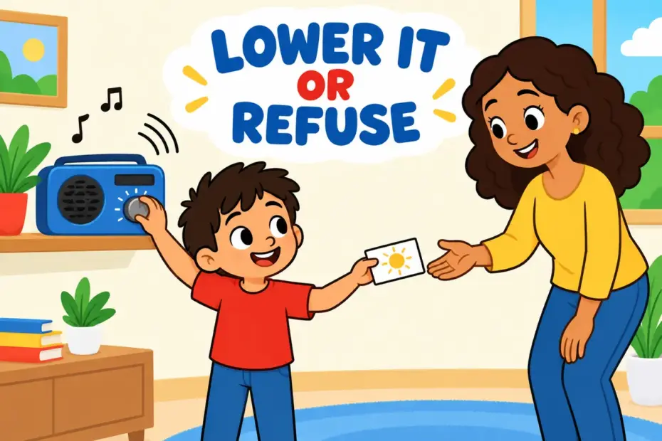 A cartoon child turns a volume knob down with one hand and politely hands back a card with the other, showing turn down in a sentence.