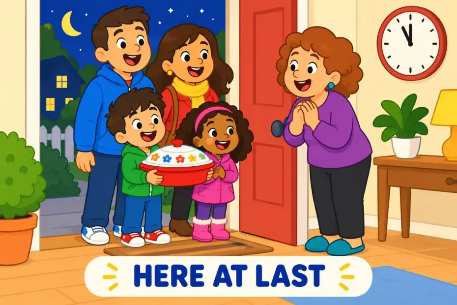 Cartoon guests surprise a host at the door, illustrating turn up in a sentence as arriving without warning.