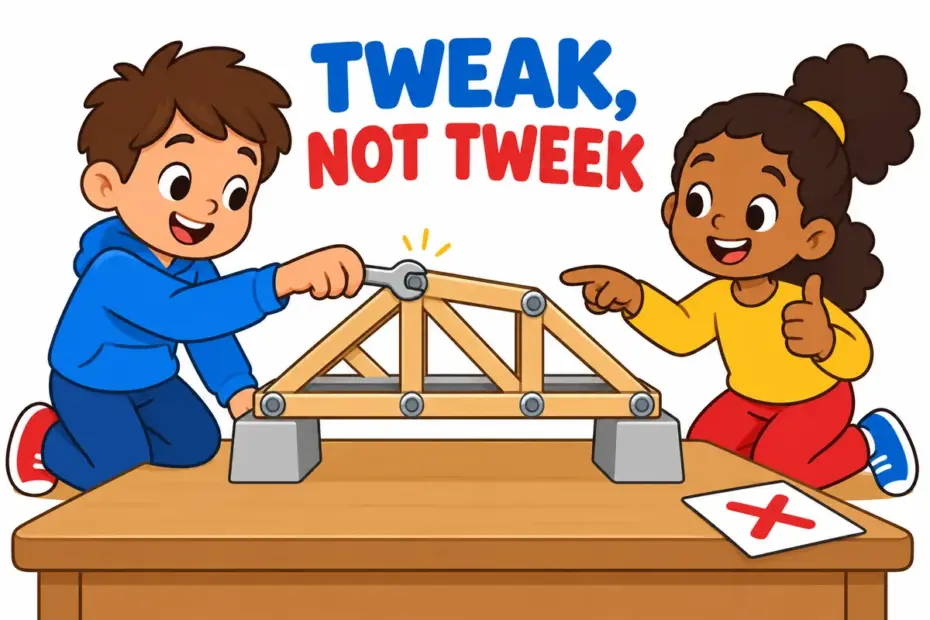 Cartoon children make a small adjustment to a model bridge, showing tweak vs tweek with tweak as the correct spelling.