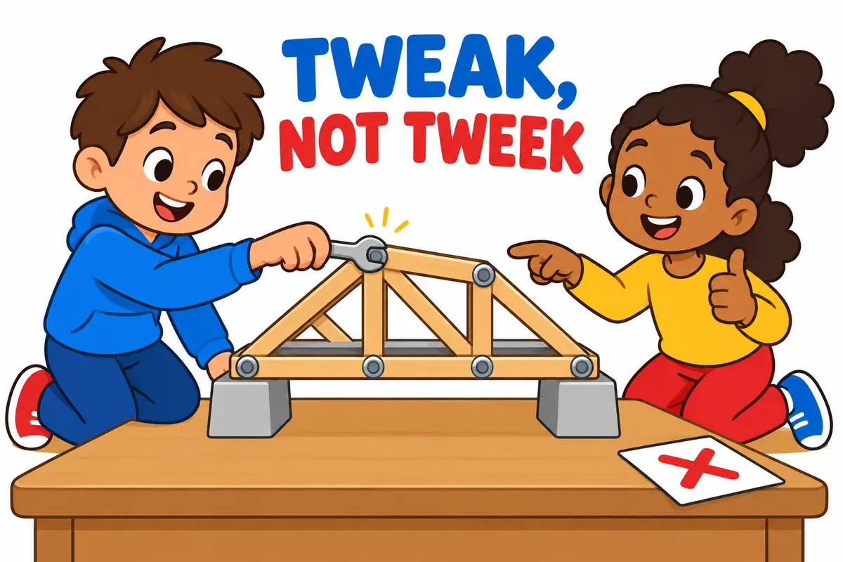 Cartoon children make a small adjustment to a model bridge, showing tweak vs tweek with tweak as the correct spelling.