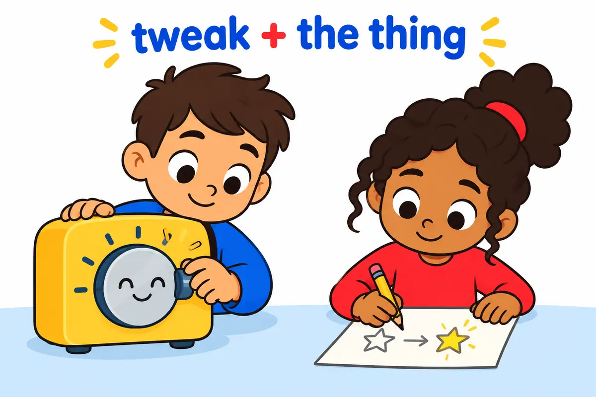 Cartoon children turn a dial and edit a page, showing tweak taking a direct object such as settings or a draft.