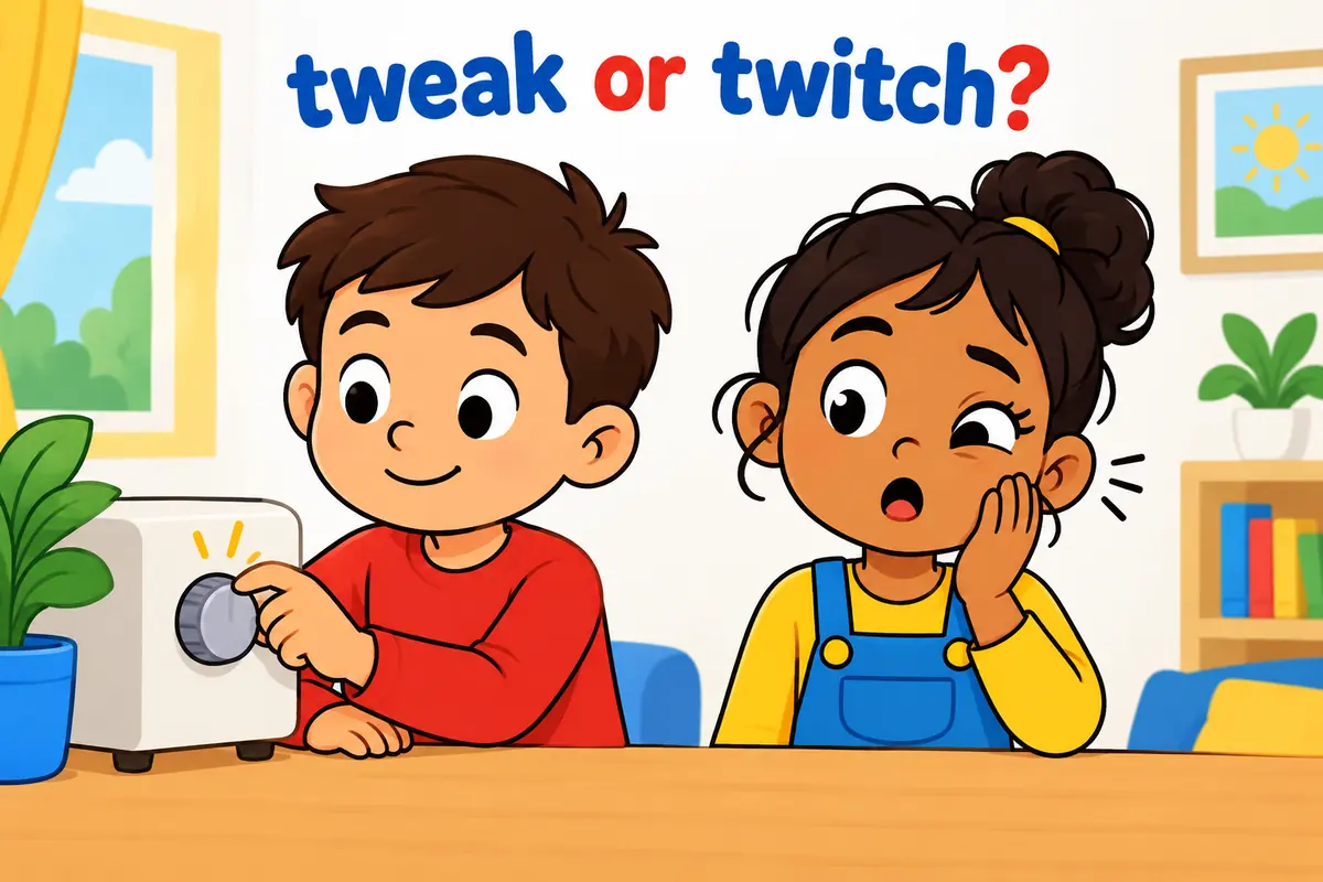 A split cartoon scene contrasts a child adjusting a dial slightly with an eyelid giving a quick twitch.