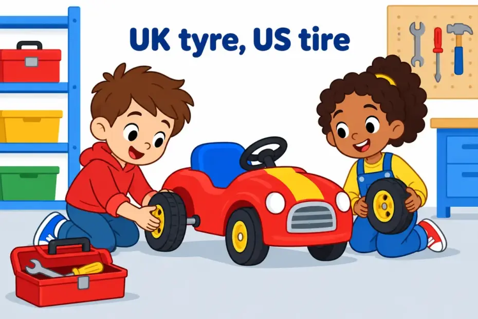Cartoon children fit a rubber wheel to a toy car, showing the tyre vs tire spelling choice in a sentence.