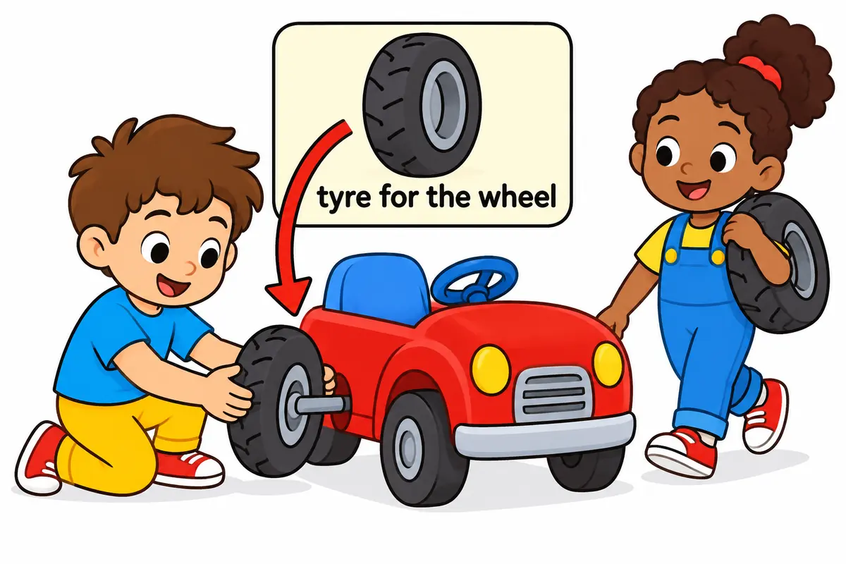 A cartoon child fits a round tyre onto a toy car wheel while another holds a spare, showing the noun pattern.