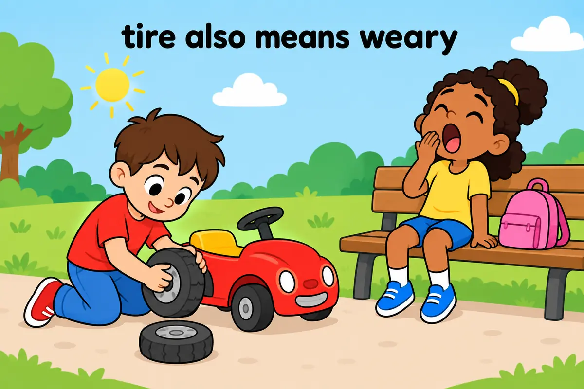 A cartoon single continuous scene shows a child fitting a tyre on the left and a yawning child on the right.