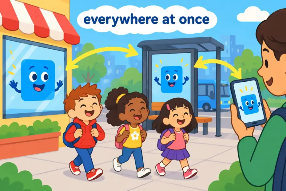 Cartoon children walk past the same bright screen on every corner, showing ubiquitous in a sentence as present everywhere.