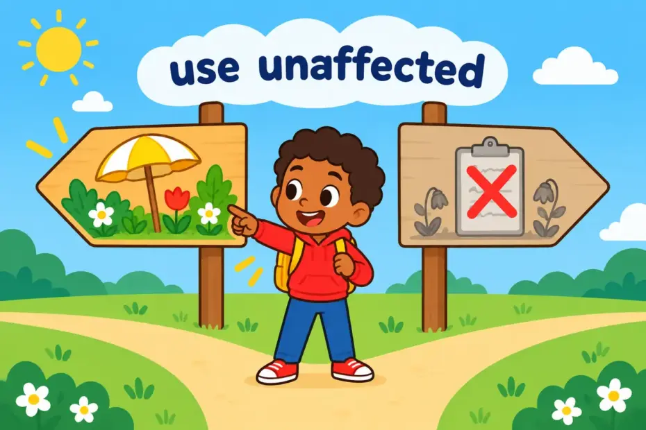 A cartoon signpost offers unaffected vs uneffected, showing that unchanged things take the standard word unaffected.