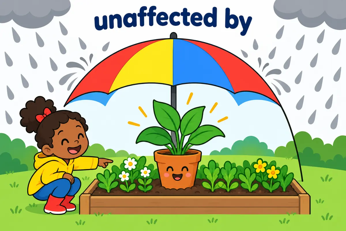 Cartoon cards show an umbrella turning rain away from a dry garden to teach the pattern unaffected by.
