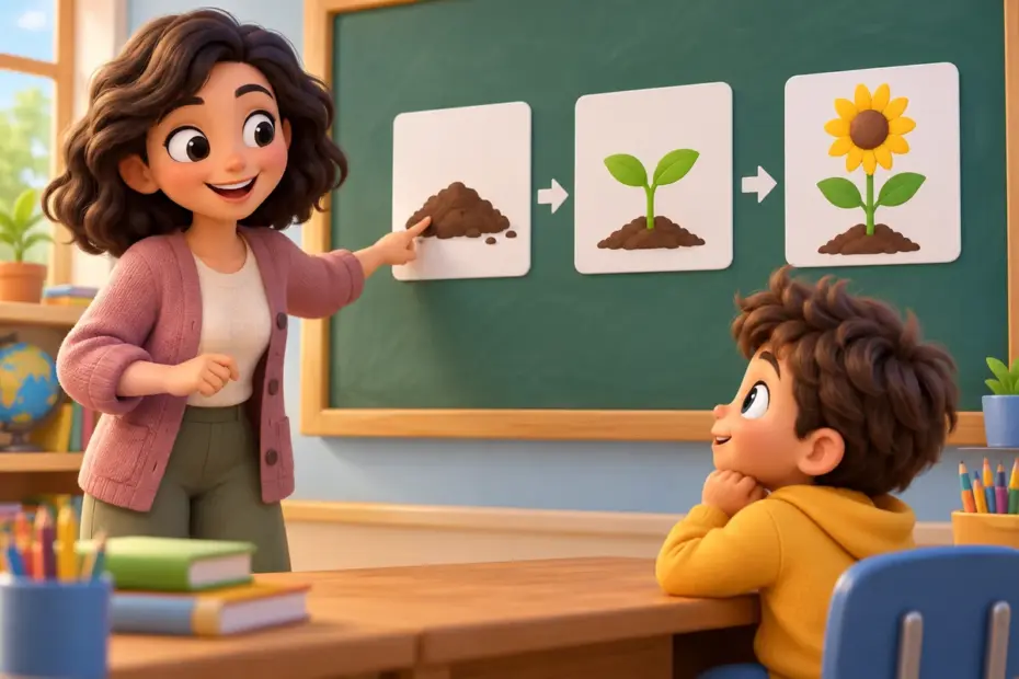 A teacher shows a child a clear sequence of three picture cards.