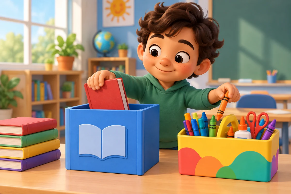 A child sorts books and art supplies into distinct matching containers.