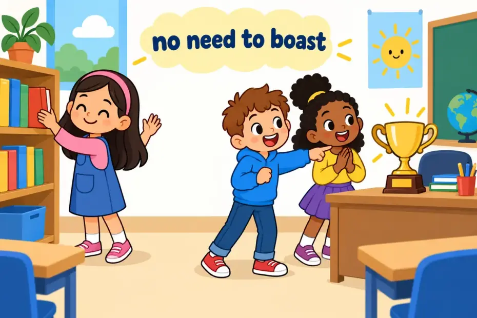 A cartoon pupil quietly helps tidy the classroom while others cheer, showing unassuming in a sentence as modest and undemanding.