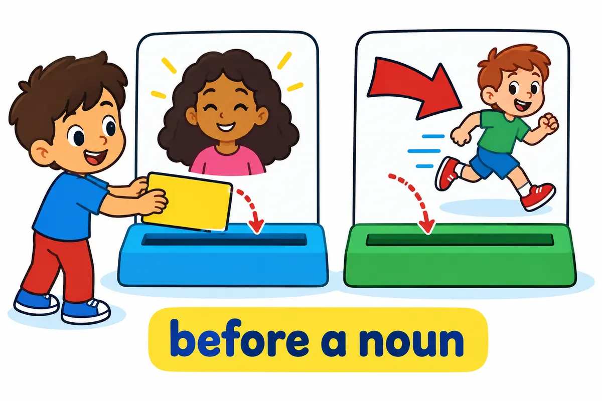 Two cartoon signposts show the adjective unassuming standing before a picture of a person and after the verb remain.