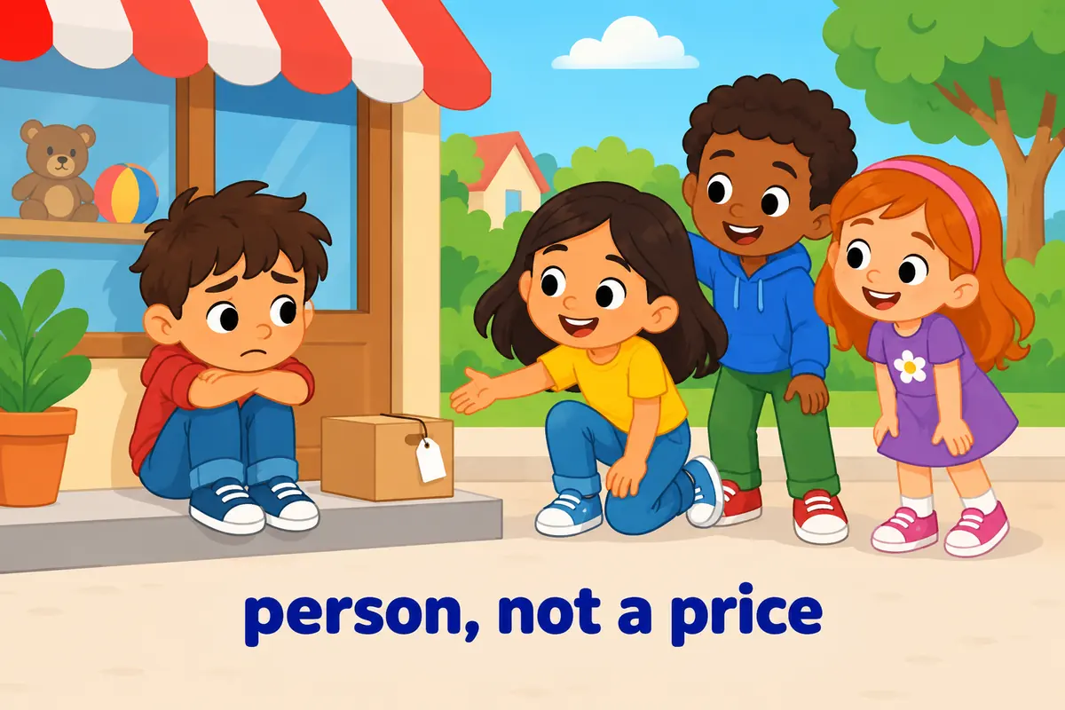 A single unified cartoon scene contrasts a humble child beside a plain shop with a price tag on a small box.