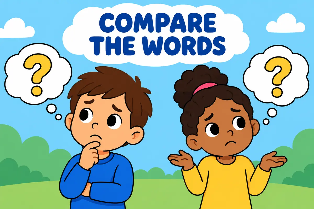 A cartoon contrasts uncertain vs unsure with the related term unsure.