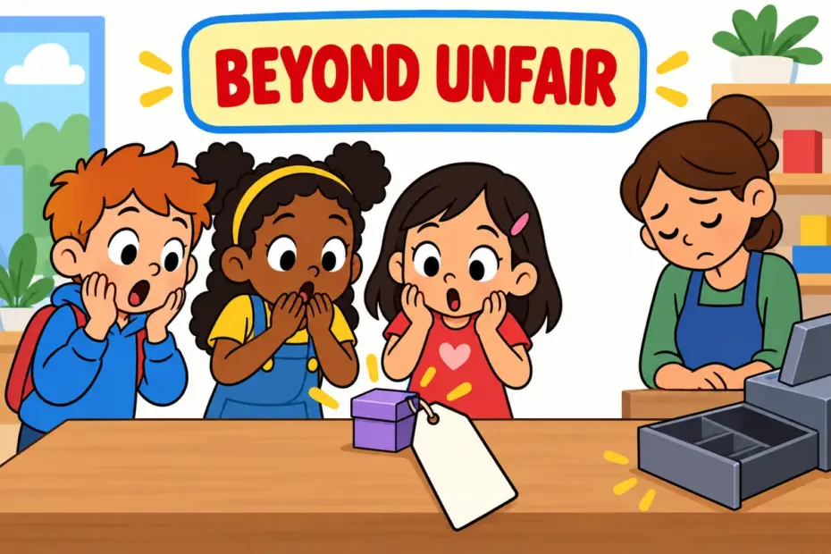 Cartoon children stare at a huge price tag on a tiny item, showing unconscionable in a sentence as shocking unfairness.