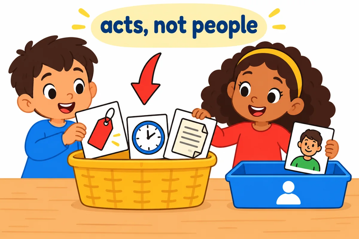 Children sort pictures of a price, clock, and contract away from people, showing that unconscionable describes acts.
