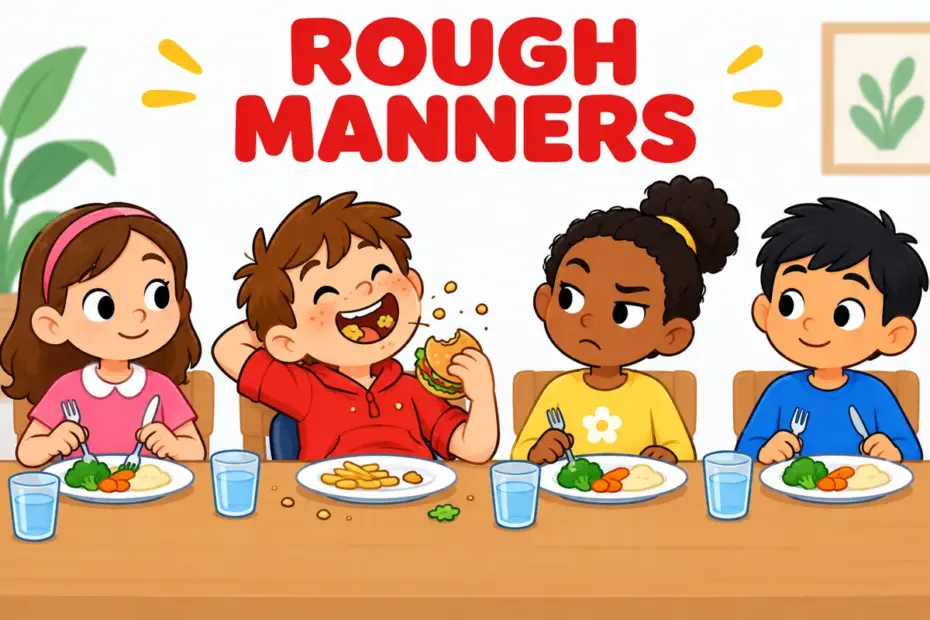 Cartoon children at a tidy table react as one child slouches and speaks with crumbs, showing uncouth in a sentence.