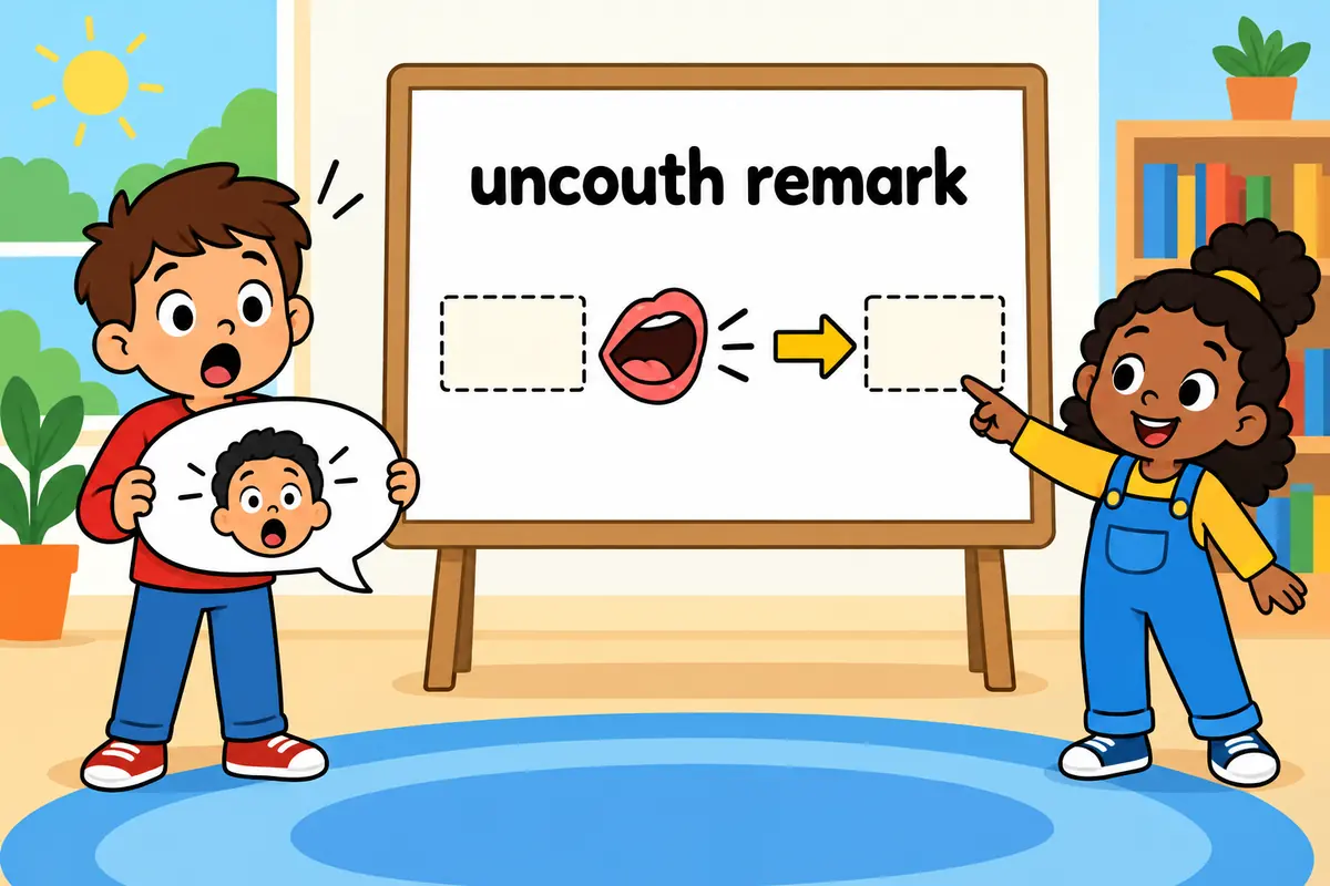 A cartoon child sprawls across a dinner table while a friend points to a card showing uncouth before a noun.