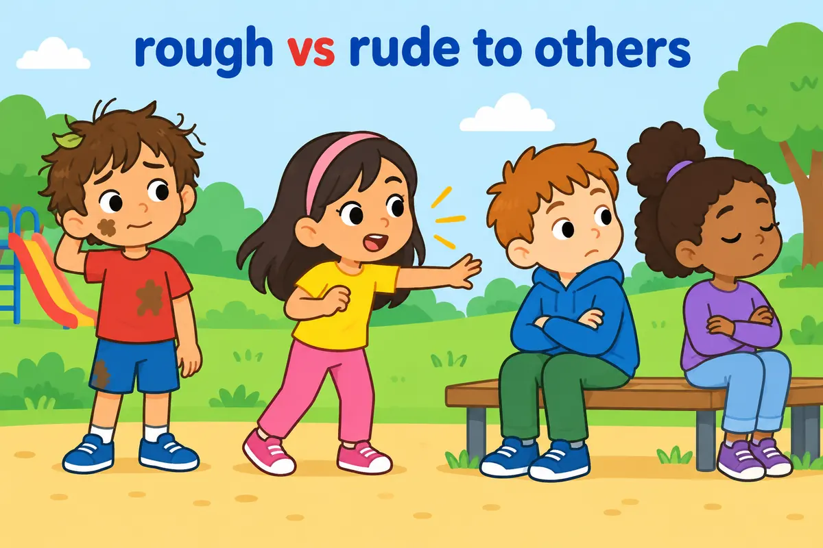 A cartoon split contrasts a rough, awkward child with a child who ignores others and interrupts loudly.