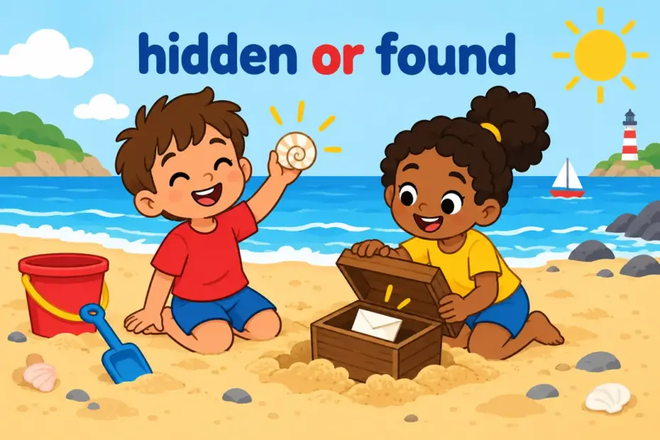 Cartoon children compare a discovered shell with a hidden box being opened, illustrating uncover vs discover.