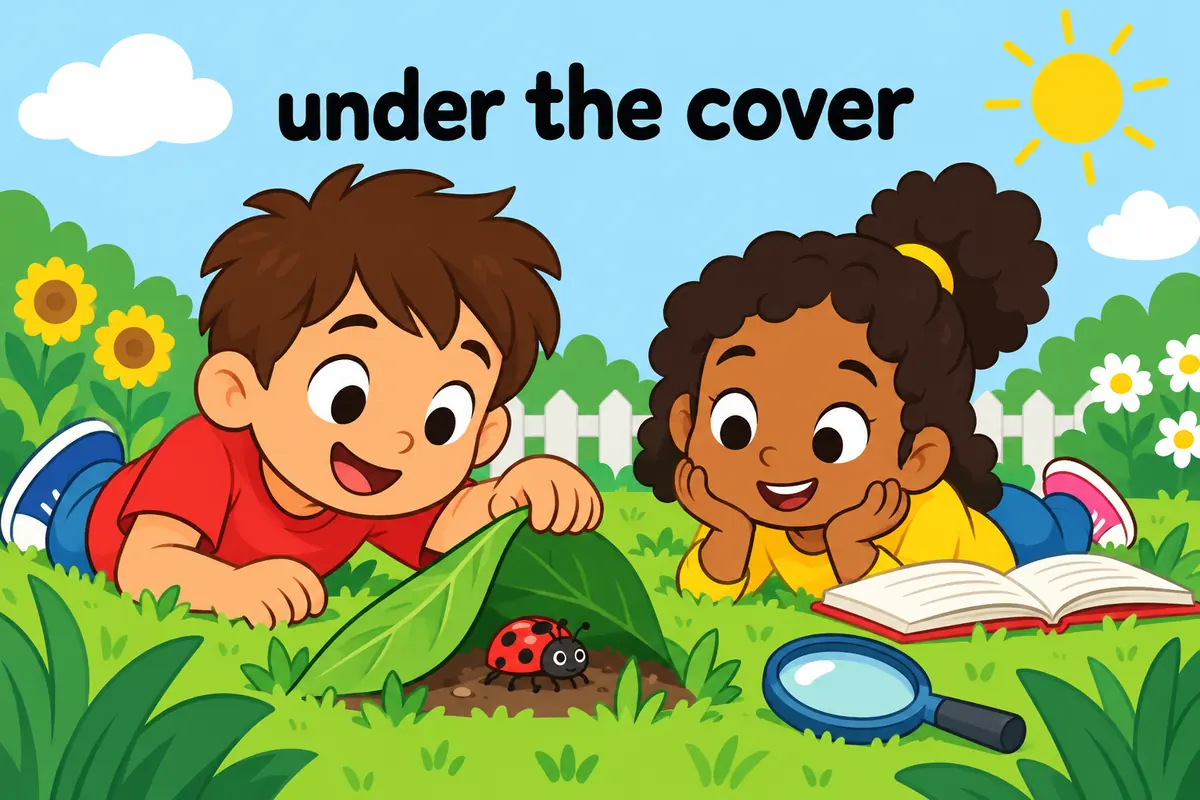 A cartoon child turns over a large leaf to reveal a beetle while a classmate points from a book.