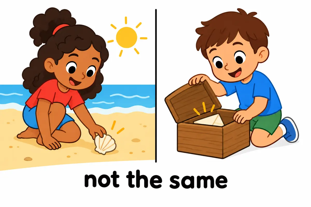A cartoon split scene shows a child finding a shell by chance beside a child lifting a box lid to reveal a hidden note.