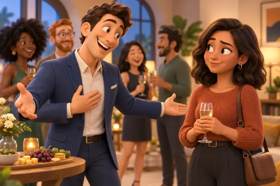 An overly flattering host greets a guest whose expression remains politely reserved.