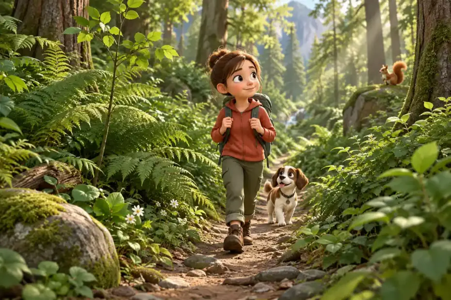 A woodland trail winds through dense ferns, shrubs, and saplings.