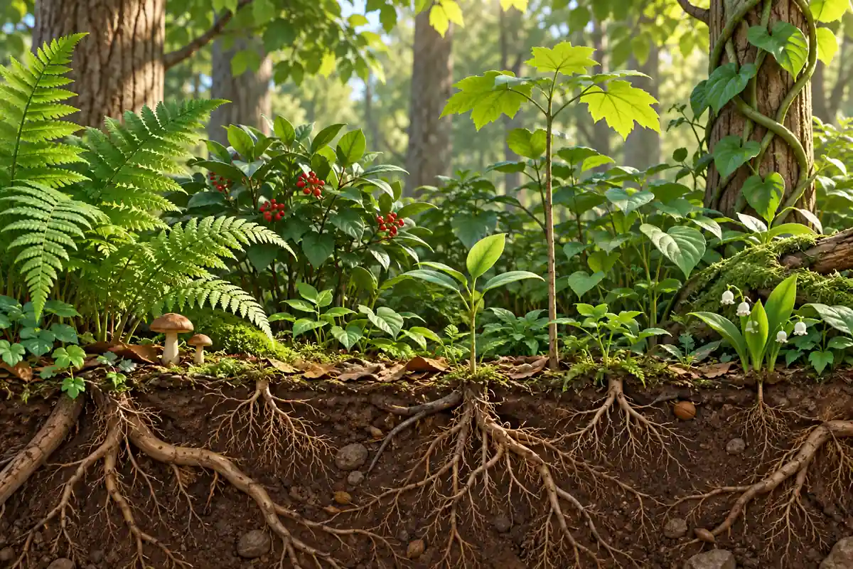 Ferns, vines, shrubs, and young trees form a forest underlayer.