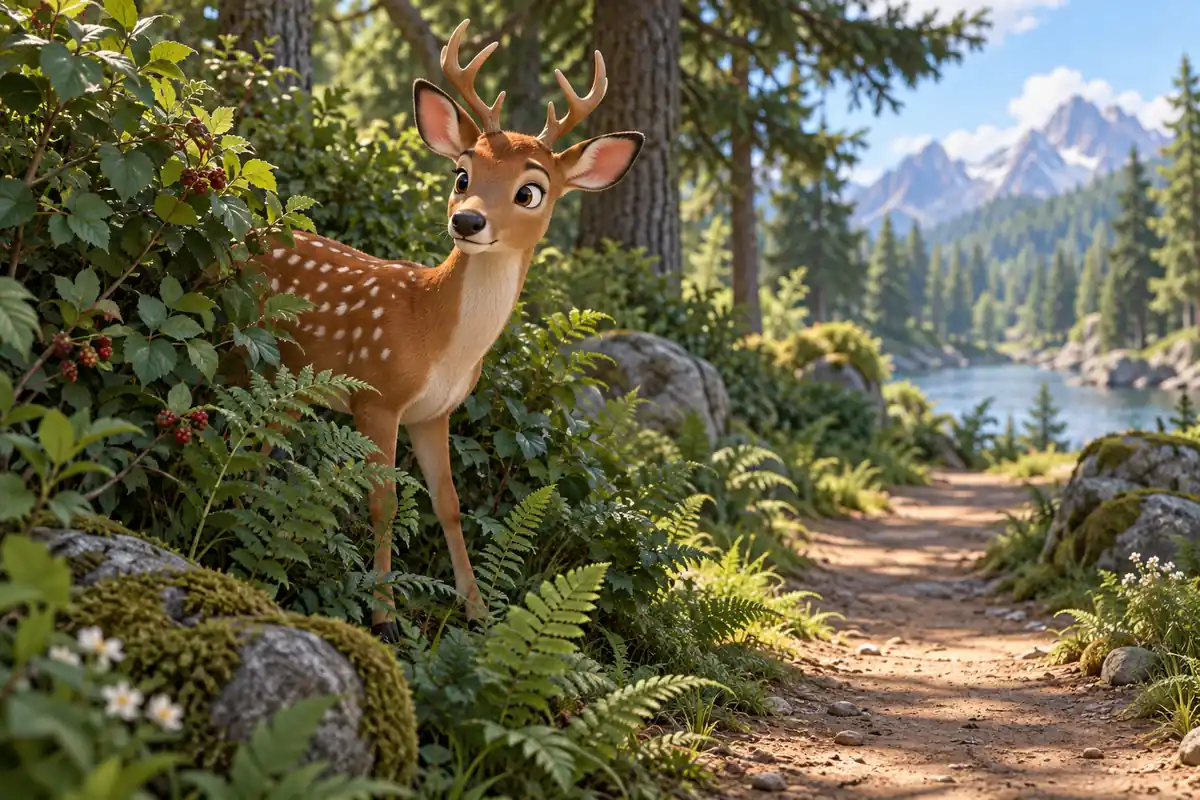 A deer stands at the edge of tangled woodland plants.