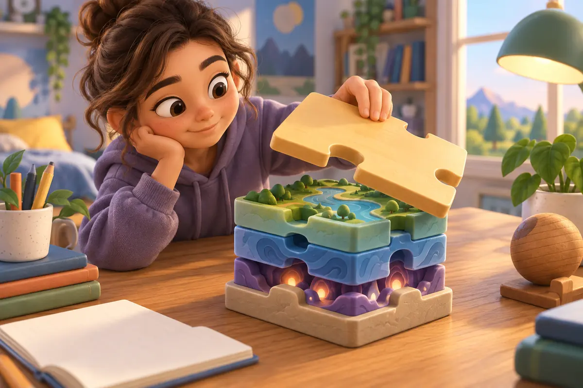 A student studies the layers beneath a puzzle surface.