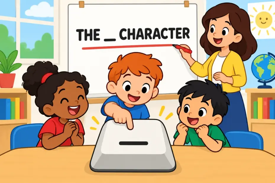 Cartoon children point at a large _ key while a teacher underlines a report, showing underscore in a sentence as a stressed point.