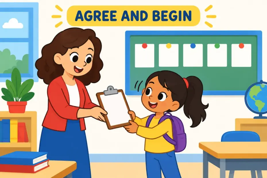 A cartoon child accepts a clipboard of tasks from a teacher, showing undertake in a sentence as agreeing to do a job.