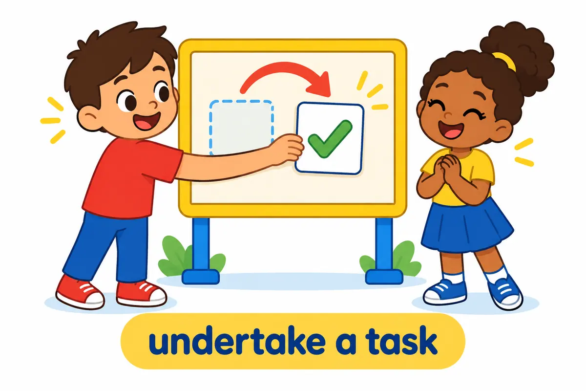 A cartoon girl raises a hand to accept a clipboard of chores while a friend points at a wall planner.