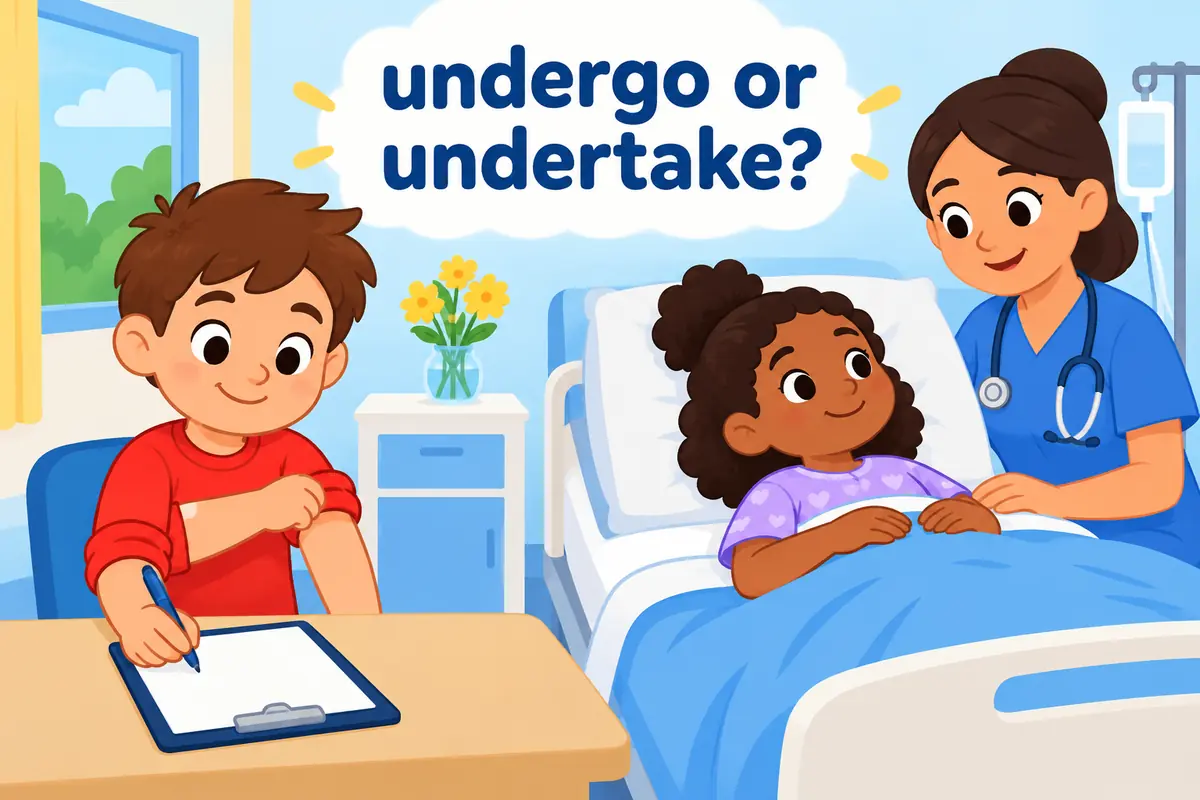 A single cartoon scene brings together a child accepting a chore list and another resting after treatment.