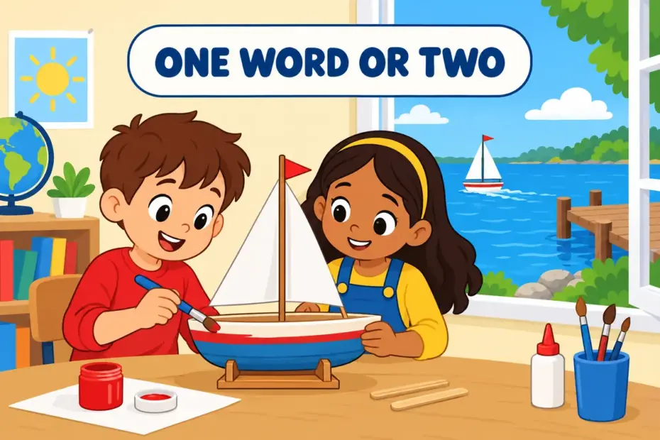 Underway vs under way appears in a classroom project beside a sailboat moving away from a jetty.