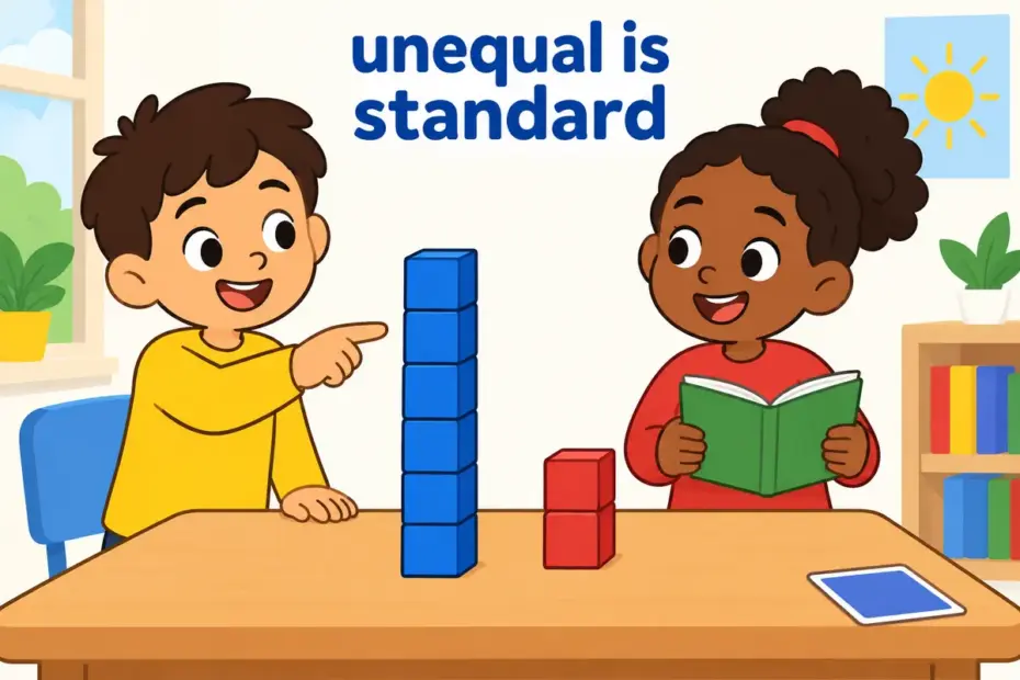 Cartoon pupils compare two unequal piles of blocks, showing unequal vs inequal as a choice between the standard word and a rare older form.
