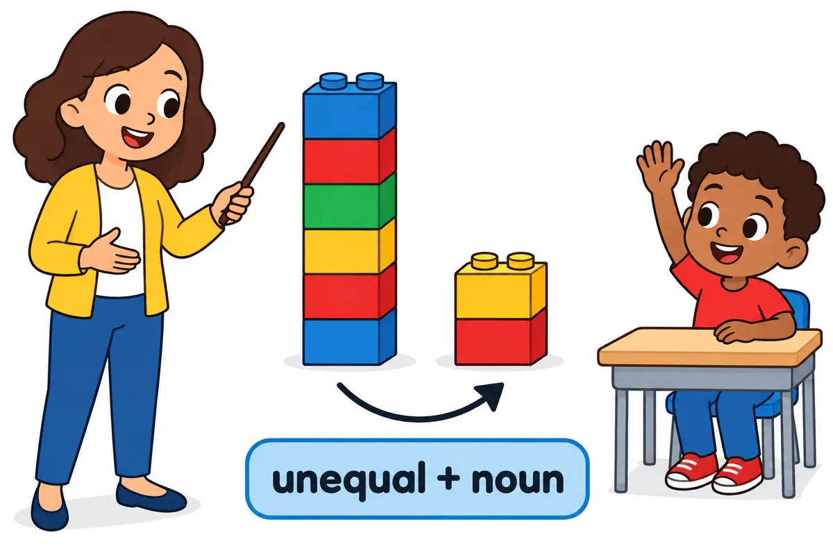 A cartoon teacher labels a tall and a short tower as unequal and points to the adverb unequally below them.