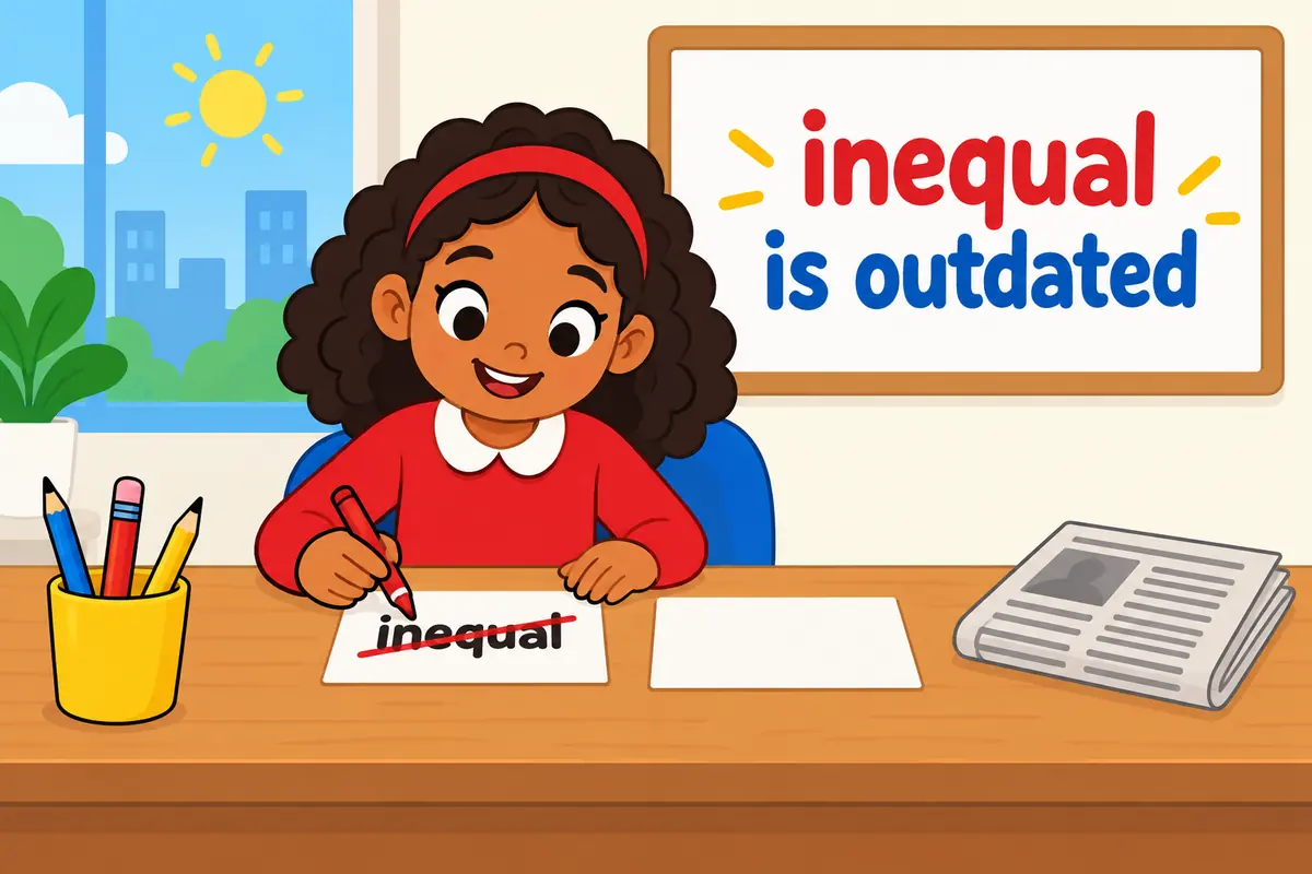 A cartoon editor crosses out the word inequal on a card and writes unequal beside it in a style guide.
