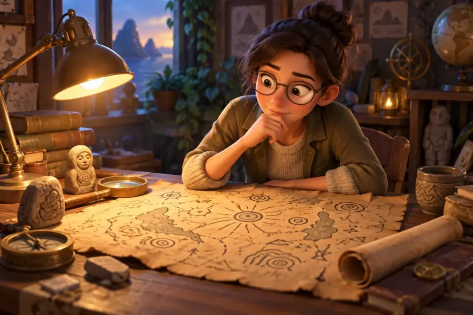 A researcher studies a mysterious map with indistinct markings under a desk lamp.