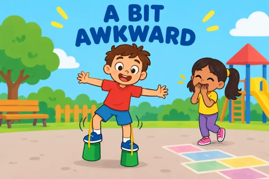 Cartoon child wobbles on short stilts with arms spread wide, illustrating ungainly in a sentence as awkward movement.