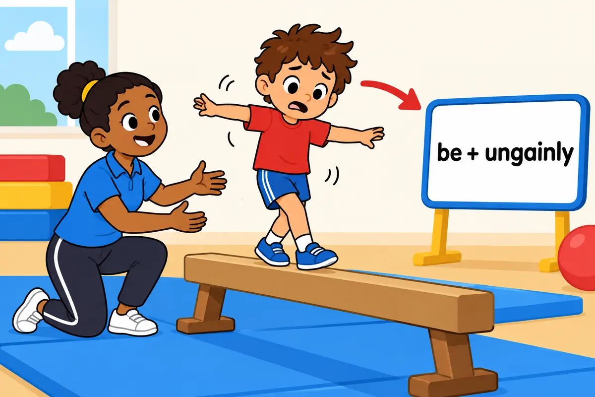A cartoon child balances on a low beam with arms out, showing the adjective ungainly following be or look.