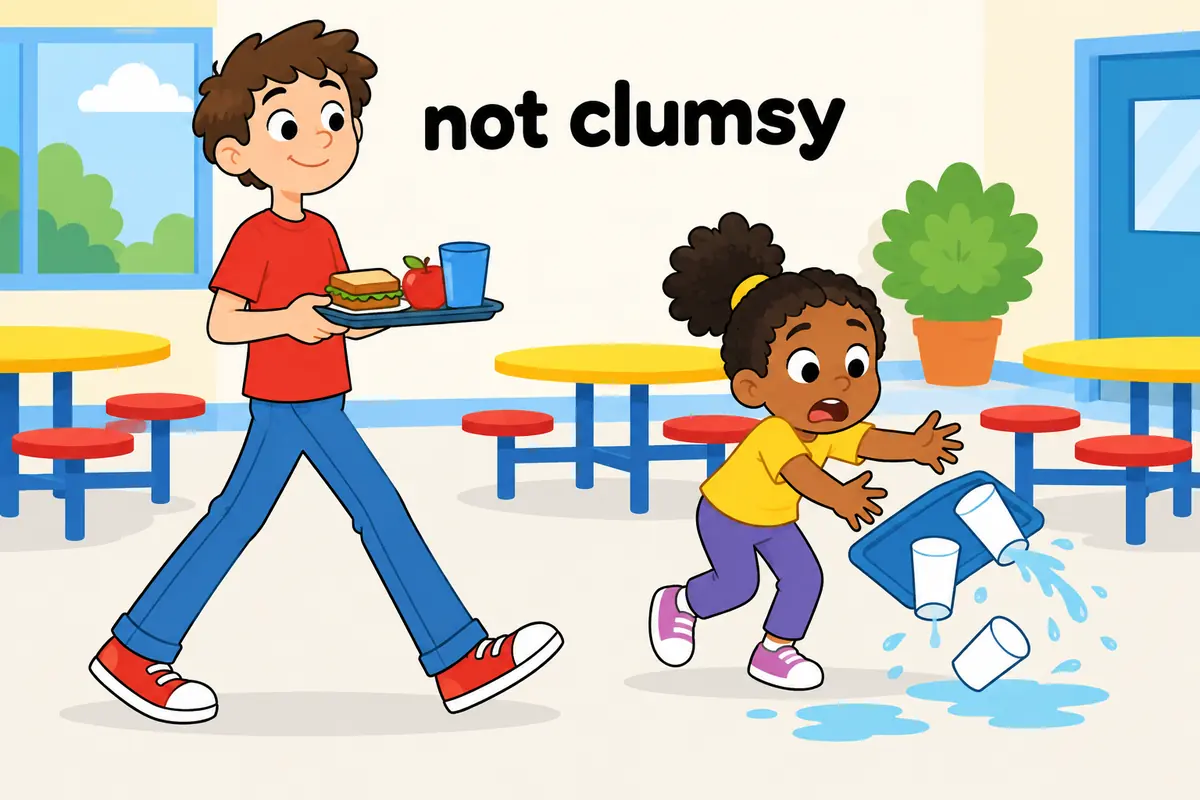 A unified cartoon scene shows Ungainly means awkward-looking; clumsy means dropping and fumbling things.