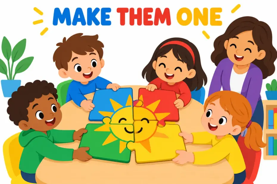 Cartoon children join scattered puzzle pieces into one picture, illustrating unify in a sentence as making separate parts one.