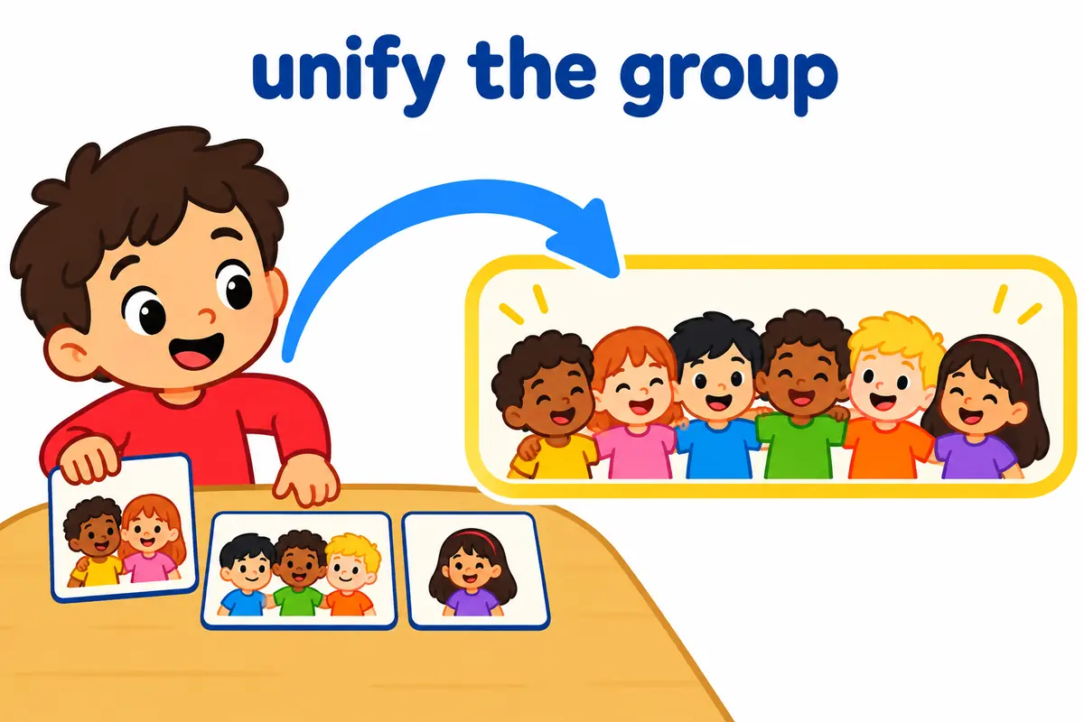 Three cartoon cards showing separate groups slot into one banner labelled as the object of the verb unify.