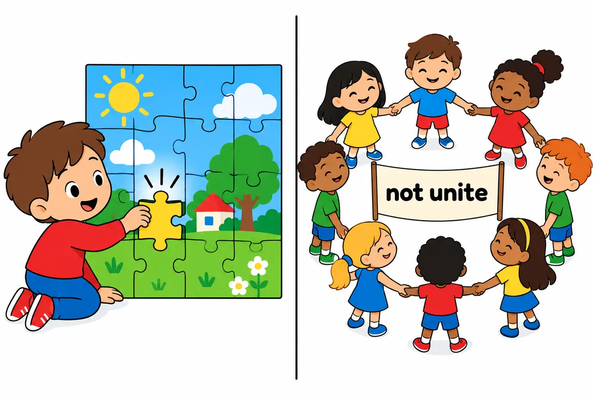 A split cartoon contrasts a child fitting puzzle pieces into one board with a crowd joining hands at a rally.