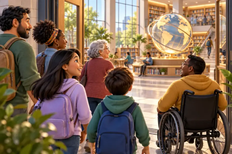A diverse group reaches a shared community resource beneath a globe motif.